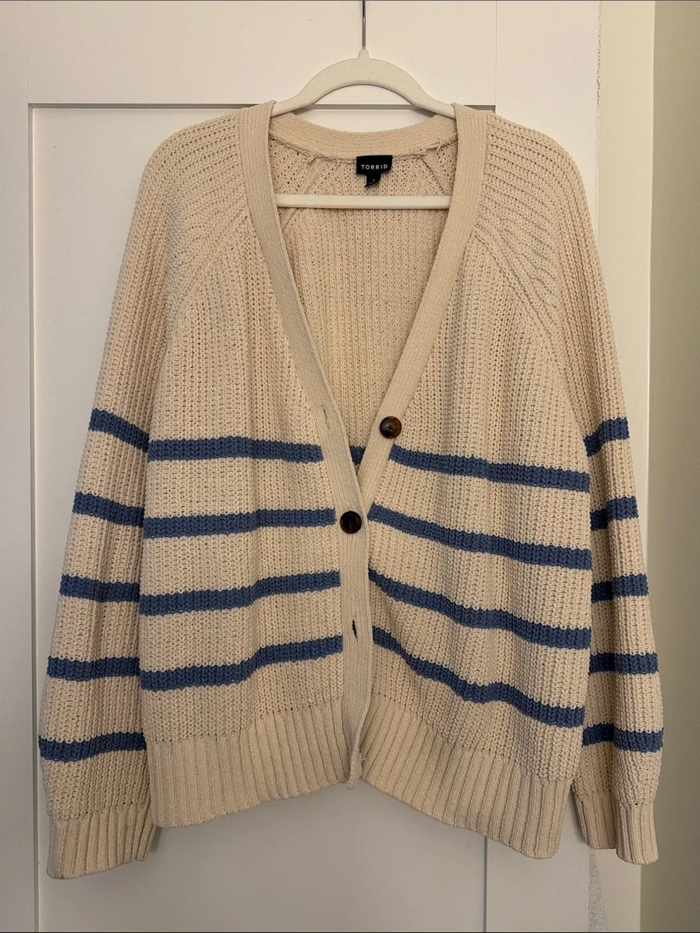 Cream & Blue Striped Button-Up Cardigan